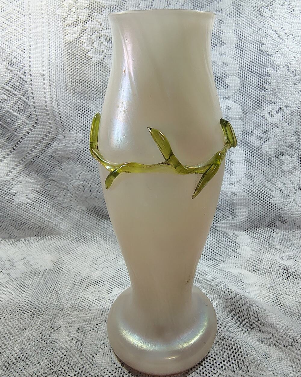 Vintage Antique Czech Irredescent GLASS Vase With Green Glass VINE, Art Deco
